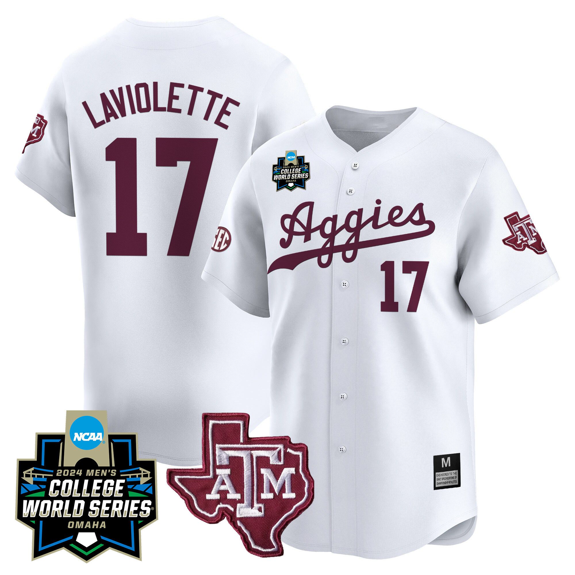 Men Texas A&M Aggies #17 Laviolette White 2024 College World Series Vapor Premier Limited NCAA Jersey
